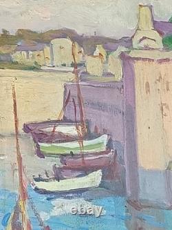 TABLEAU ANCIEN SIGNÉ JULES AUSSET HUILE SUR PANNEAU PORT CONCARNEAU 1947 61x38