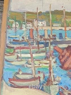 TABLEAU ANCIEN SIGNÉ JULES AUSSET HUILE SUR PANNEAU PORT CONCARNEAU 1947 61x38