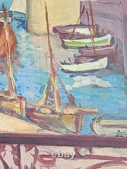 TABLEAU ANCIEN SIGNÉ JULES AUSSET HUILE SUR PANNEAU PORT CONCARNEAU 1947 61x38