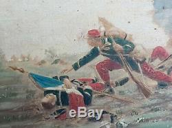 TABLEAU ANCIEN Scène de bataille / Huile sur panneau signée / Militaria 1870