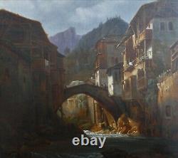 TABLEAU ANCIEN peinture huile Paysage animé SUISSE début XIXe, à identifier