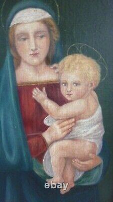 TABLEAU Ancien Vierge à l'enfant peinture huile sur panneau religieux