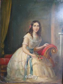 Tableau Ancien 1850 Environ-xix Siècle-jeune Fille-peinture A L'huile Sur Carton