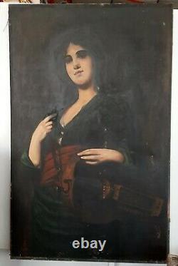 Tableau Ancien 1908 Portrait Femme Musique Musicienne A RESTAURER 121 x 75 cm