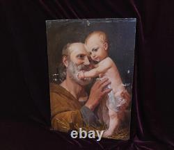 Tableau Ancien Antique Peinture Icone Huile Religieuse Jesus Portrait XIX 19th