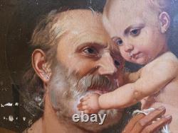 Tableau Ancien Antique Peinture Icone Huile Religieuse Jesus Portrait XIX 19th