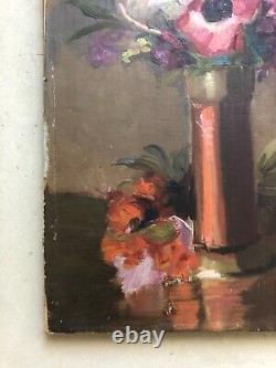 Tableau Ancien, Bouquet d'Anémones, Huile Sur Papier, Peinture, Début XXe