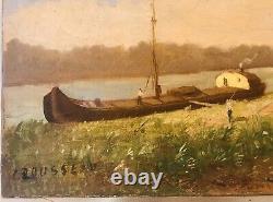 Tableau Ancien CROUSSEAU Huile sur Toile Paysage péniche Fin XIXe