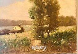 Tableau Ancien CROUSSEAU Huile sur Toile Paysage péniche Fin XIXe