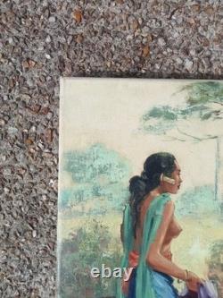 Tableau Ancien École Balinaise Femmes Étendant Le Linge Huile Sur Toile Signé