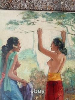 Tableau Ancien École Balinaise Femmes Étendant Le Linge Huile Sur Toile Signé