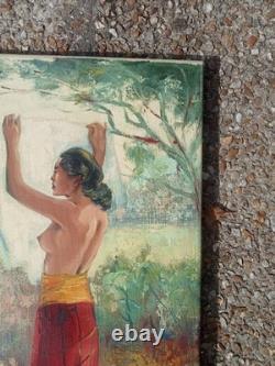 Tableau Ancien École Balinaise Femmes Étendant Le Linge Huile Sur Toile Signé