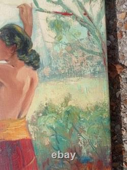 Tableau Ancien École Balinaise Femmes Étendant Le Linge Huile Sur Toile Signé