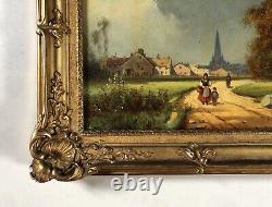 Tableau Ancien Encadré, Abords De Ville Animés, Huile Sur Toile, Peinture XIXe