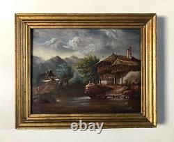 Tableau Ancien Encadré, Paysage De Montagne, Huile Sur Toile, Peinture, XIXe