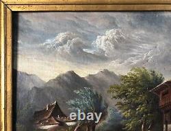Tableau Ancien Encadré, Paysage De Montagne, Huile Sur Toile, Peinture, XIXe
