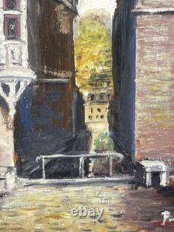 Tableau Ancien Encadré Vue du Mans Signé Pierre Petit Huile sur Panneau