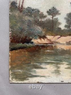 Tableau Ancien, Etang, Sud Ouest De La France, Huile Sur Carton, Début XXe