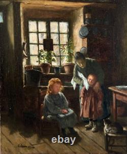 Tableau Ancien Fin XIXe Scène Familiale La Toilette, Huile Sur Toile, Signé