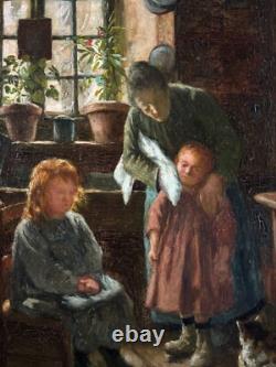 Tableau Ancien Fin XIXe Scène Familiale La Toilette, Huile Sur Toile, Signé