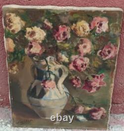Tableau Ancien Huile Nature Morte Bouquet de Fleurs Roses Impressionniste XXème