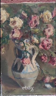 Tableau Ancien Huile Nature Morte Bouquet de Fleurs Roses Impressionniste XXème