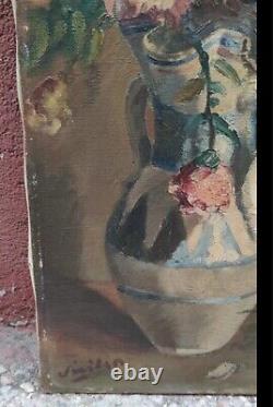Tableau Ancien Huile Nature Morte Bouquet de Fleurs Roses Impressionniste XXème