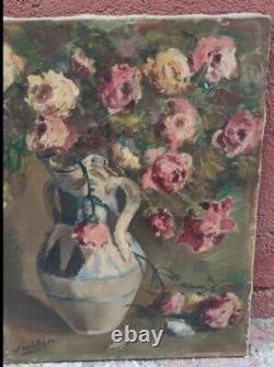 Tableau Ancien Huile Nature Morte Bouquet de Fleurs Roses Impressionniste XXème