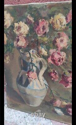 Tableau Ancien Huile Nature Morte Bouquet de Fleurs Roses Impressionniste XXème