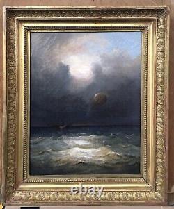 Tableau Ancien Huile Paysage Mer Bateau Ballon Dirigeable Montgolfière Ciel XIXe
