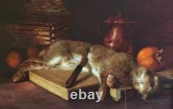 Tableau Ancien Huile Peinture Ecole Francaise Lapin Lievre Fruit Baroque XIX 19