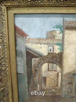 Tableau Ancien Huile Sur Carton Scène De Village