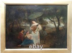 Tableau Ancien Huile Sur Panneau Nubien Joueuse De Mandoline Sous Bois