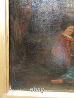 Tableau Ancien Huile Sur Panneau Nubien Joueuse De Mandoline Sous Bois