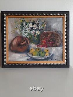 Tableau Ancien Huile Sur Toile, Art De Nature Morte Classique Signé