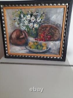 Tableau Ancien Huile Sur Toile, Art De Nature Morte Classique Signé