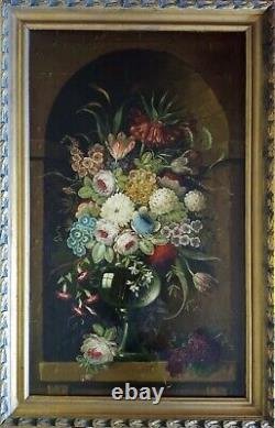Tableau Ancien Huile Sur Toile Bouquet Fleurs Dans Une Niche Debut Xxème