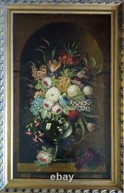 Tableau Ancien Huile Sur Toile Bouquet Fleurs Dans Une Niche Debut Xxème
