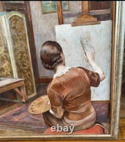 Tableau Ancien. Huile Sur Toile. Dans L'atelier. Nu. Atelier. M. J. Lefebvre