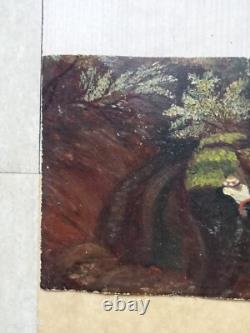 Tableau Ancien Huile Sur Toile Paysage Animé Naïf 19 Ème Signé