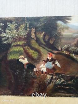 Tableau Ancien Huile Sur Toile Paysage Animé Naïf 19 Ème Signé