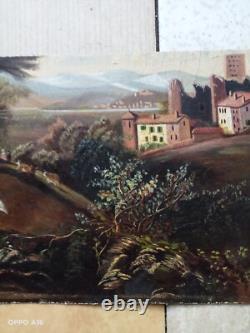 Tableau Ancien Huile Sur Toile Paysage Animé Naïf 19 Ème Signé