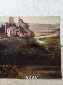 Tableau Ancien Huile Sur Toile Paysage Animé Naïf 19 Ème Signé