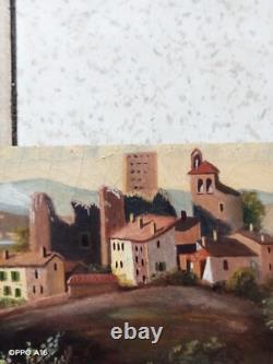 Tableau Ancien Huile Sur Toile Paysage Animé Naïf 19 Ème Signé