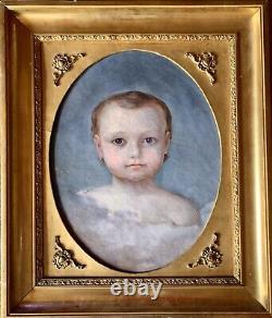 Tableau Ancien Huile Sur Toile Portrait Bébé Dans Les Nuées 1849 XIXEME