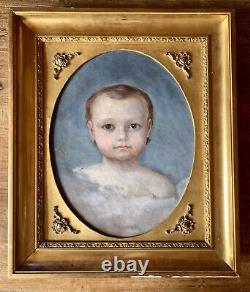 Tableau Ancien Huile Sur Toile Portrait Bébé Dans Les Nuées 1849 XIXEME