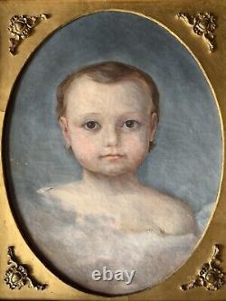 Tableau Ancien Huile Sur Toile Portrait Bébé Dans Les Nuées 1849 XIXEME