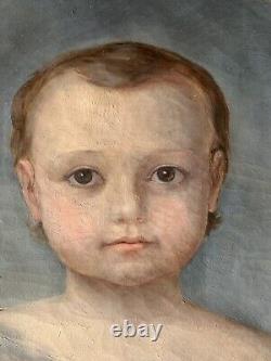 Tableau Ancien Huile Sur Toile Portrait Bébé Dans Les Nuées 1849 XIXEME