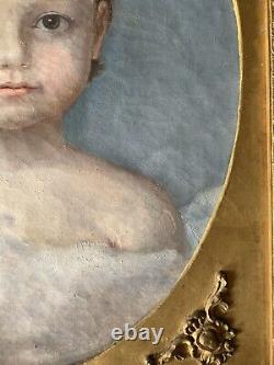 Tableau Ancien Huile Sur Toile Portrait Bébé Dans Les Nuées 1849 XIXEME