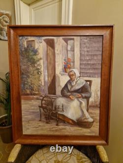 Tableau Ancien, Huile Sur Toile Représentant Une Fileuse